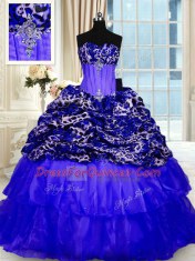 Glamorous Printed Royal Blue Sweetheart Lace Up Beading and Ruffled Layers and Sequins Quinceanera Dress Sweep Train Sleeveless