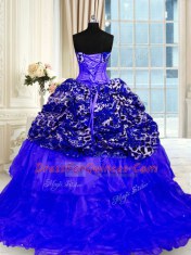 Glamorous Printed Royal Blue Sweetheart Lace Up Beading and Ruffled Layers and Sequins Quinceanera Dress Sweep Train Sleeveless