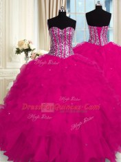 Customized Fuchsia Ball Gowns Beading and Ruffles Quince Ball Gowns Lace Up Organza Sleeveless Floor Length