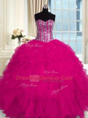 Customized Fuchsia Ball Gowns Beading and Ruffles Quince Ball Gowns Lace Up Organza Sleeveless Floor Length