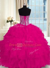 Customized Fuchsia Ball Gowns Beading and Ruffles Quince Ball Gowns Lace Up Organza Sleeveless Floor Length