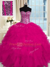 Customized Fuchsia Ball Gowns Beading and Ruffles Quince Ball Gowns Lace Up Organza Sleeveless Floor Length
