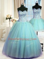 Three Piece Blue Lace Up Quince Ball Gowns Beading Sleeveless Floor Length