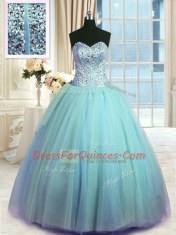 Three Piece Blue Lace Up Quince Ball Gowns Beading Sleeveless Floor Length