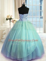 Three Piece Blue Lace Up Quince Ball Gowns Beading Sleeveless Floor Length