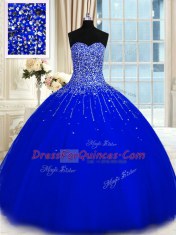 Stylish Sleeveless Floor Length Beading Lace Up Quinceanera Gowns with Royal Blue