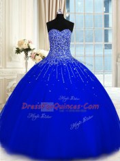 Stylish Sleeveless Floor Length Beading Lace Up Quinceanera Gowns with Royal Blue