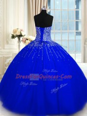 Stylish Sleeveless Floor Length Beading Lace Up Quinceanera Gowns with Royal Blue