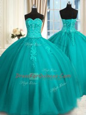 Ball Gowns Quinceanera Dress Teal Sweetheart Tulle Sleeveless Floor Length Lace Up