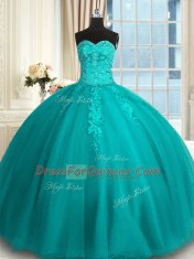 Ball Gowns Quinceanera Dress Teal Sweetheart Tulle Sleeveless Floor Length Lace Up