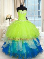 Multi-color Ball Gowns Beading and Ruffles Ball Gown Prom Dress Lace Up Organza Sleeveless Floor Length