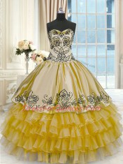 Gold Organza and Taffeta Lace Up Ball Gown Prom Dress Sleeveless Floor Length Beading and Embroidery and Ruffled Layers