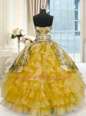 Gold Organza and Taffeta Lace Up Ball Gown Prom Dress Sleeveless Floor Length Beading and Embroidery and Ruffled Layers