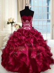 Floor Length Lace Up Quince Ball Gowns Wine Red for Military Ball and Sweet 16 and Quinceanera with Beading and Appliques and Ruffles
