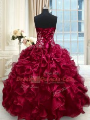 Floor Length Lace Up Quince Ball Gowns Wine Red for Military Ball and Sweet 16 and Quinceanera with Beading and Appliques and Ruffles
