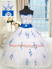 White Tulle Lace Up Sweet 16 Dresses Sleeveless Floor Length Appliques and Belt