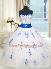 White Tulle Lace Up Sweet 16 Dresses Sleeveless Floor Length Appliques and Belt