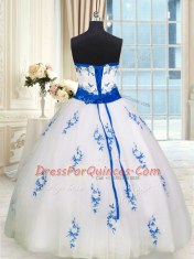 White Tulle Lace Up Sweet 16 Dresses Sleeveless Floor Length Appliques and Belt