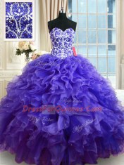 Customized Purple Ball Gown Prom Dress Military Ball and Sweet 16 and Quinceanera and For with Beading and Ruffles Sweetheart Sleeveless Lace Up