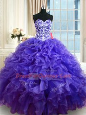Customized Purple Ball Gown Prom Dress Military Ball and Sweet 16 and Quinceanera and For with Beading and Ruffles Sweetheart Sleeveless Lace Up