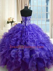Customized Purple Ball Gown Prom Dress Military Ball and Sweet 16 and Quinceanera and For with Beading and Ruffles Sweetheart Sleeveless Lace Up