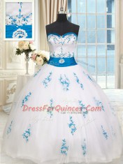 Attractive White Sleeveless Floor Length Embroidery and Belt Lace Up 15 Quinceanera Dress