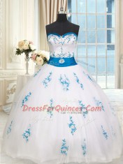 Attractive White Sleeveless Floor Length Embroidery and Belt Lace Up 15 Quinceanera Dress