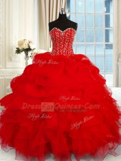 Pretty Floor Length Wine Red Quinceanera Gowns Organza Sleeveless Beading and Ruffles