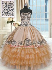 Orange Taffeta Lace Up Quince Ball Gowns Sleeveless Floor Length Beading and Embroidery and Ruffles