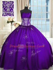 Spectacular Sleeveless Floor Length Beading and Appliques and Ruching Lace Up Quinceanera Gowns with Purple
