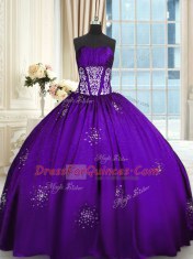 Spectacular Sleeveless Floor Length Beading and Appliques and Ruching Lace Up Quinceanera Gowns with Purple