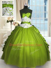 Superior Floor Length Olive Green Quinceanera Dresses Taffeta and Tulle Sleeveless Beading and Lace and Appliques and Ruching