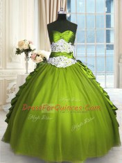 Superior Floor Length Olive Green Quinceanera Dresses Taffeta and Tulle Sleeveless Beading and Lace and Appliques and Ruching