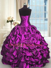 Eggplant Purple Taffeta and Tulle Lace Up Vestidos de Quinceanera Sleeveless Floor Length Beading and Lace and Ruching and Pick Ups
