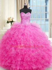Nice Hot Pink Quince Ball Gowns Military Ball and Sweet 16 and Quinceanera and For with Beading and Ruffles Sweetheart Sleeveless Lace Up