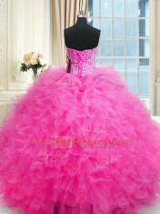 Nice Hot Pink Quince Ball Gowns Military Ball and Sweet 16 and Quinceanera and For with Beading and Ruffles Sweetheart Sleeveless Lace Up