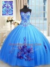 Custom Design Floor Length Blue 15 Quinceanera Dress Tulle Sleeveless Beading and Appliques and Embroidery