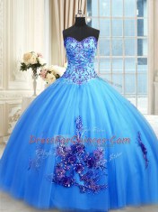 Custom Design Floor Length Blue 15 Quinceanera Dress Tulle Sleeveless Beading and Appliques and Embroidery