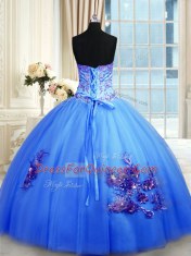 Custom Design Floor Length Blue 15 Quinceanera Dress Tulle Sleeveless Beading and Appliques and Embroidery