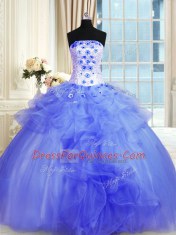 Colorful Blue Strapless Neckline Pick Ups and Hand Made Flower Quinceanera Gown Sleeveless Lace Up