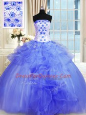 Colorful Blue Strapless Neckline Pick Ups and Hand Made Flower Quinceanera Gown Sleeveless Lace Up