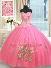 Rose Pink Sleeveless Floor Length Beading and Appliques and Embroidery Lace Up Ball Gown Prom Dress