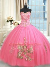 Rose Pink Sleeveless Floor Length Beading and Appliques and Embroidery Lace Up Ball Gown Prom Dress