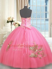 Rose Pink Sleeveless Floor Length Beading and Appliques and Embroidery Lace Up Ball Gown Prom Dress