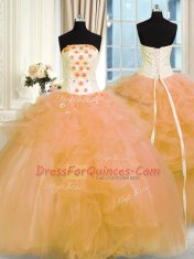 Dazzling Ball Gowns Vestidos de Quinceanera Gold Strapless Tulle Sleeveless Floor Length Lace Up