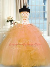 Dazzling Ball Gowns Vestidos de Quinceanera Gold Strapless Tulle Sleeveless Floor Length Lace Up