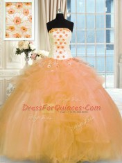Dazzling Ball Gowns Vestidos de Quinceanera Gold Strapless Tulle Sleeveless Floor Length Lace Up