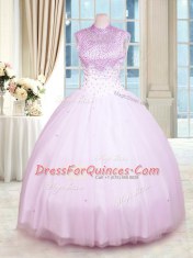 Classical High-neck Sleeveless Quinceanera Gowns Floor Length Beading Lilac Tulle