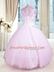 Classical High-neck Sleeveless Quinceanera Gowns Floor Length Beading Lilac Tulle