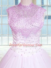 Classical High-neck Sleeveless Quinceanera Gowns Floor Length Beading Lilac Tulle